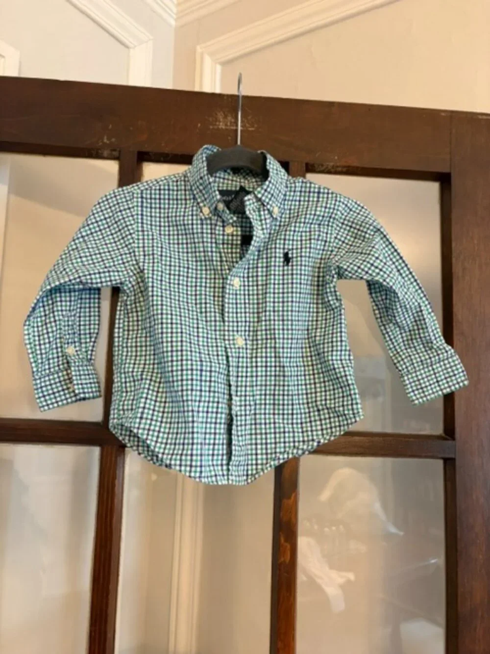 Ralph Lauren Blue and Green Check Button-Down Shirt, Size 18 months